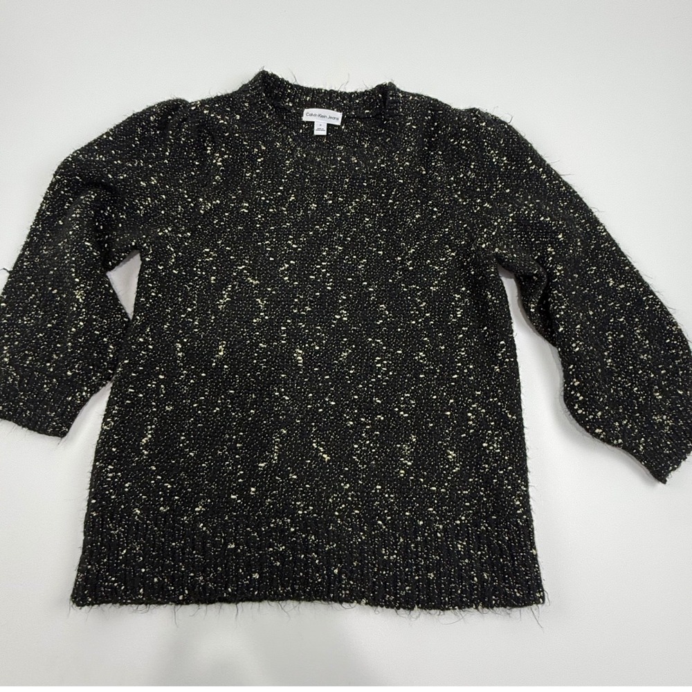 Calvin Klein Jeans Women Black Speckled Knit Sweater‎ Puff Sleeve Mock Neck M